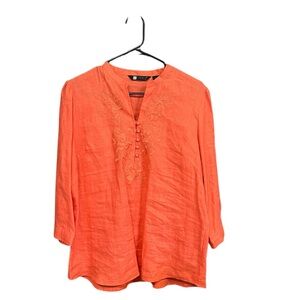 Carole little linen blouse women XL orange embroidered 3/4 sleeve resort wear